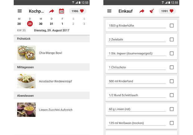Kochplan und Einkaufsliste App